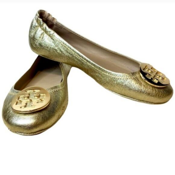 Tory Burch Logo Spark Gold Leather Minnie Travel Ballet Flats Size 5.5M - Picture 3 of 13